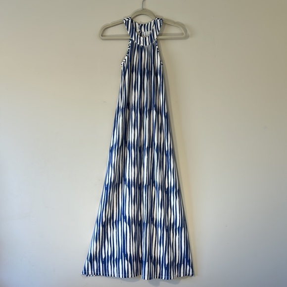 Omi Jo | Blue & White Maxi Dress Sleevess Keyhole Back 9/10 Soft Knit Beachy - Picture 9 of 16